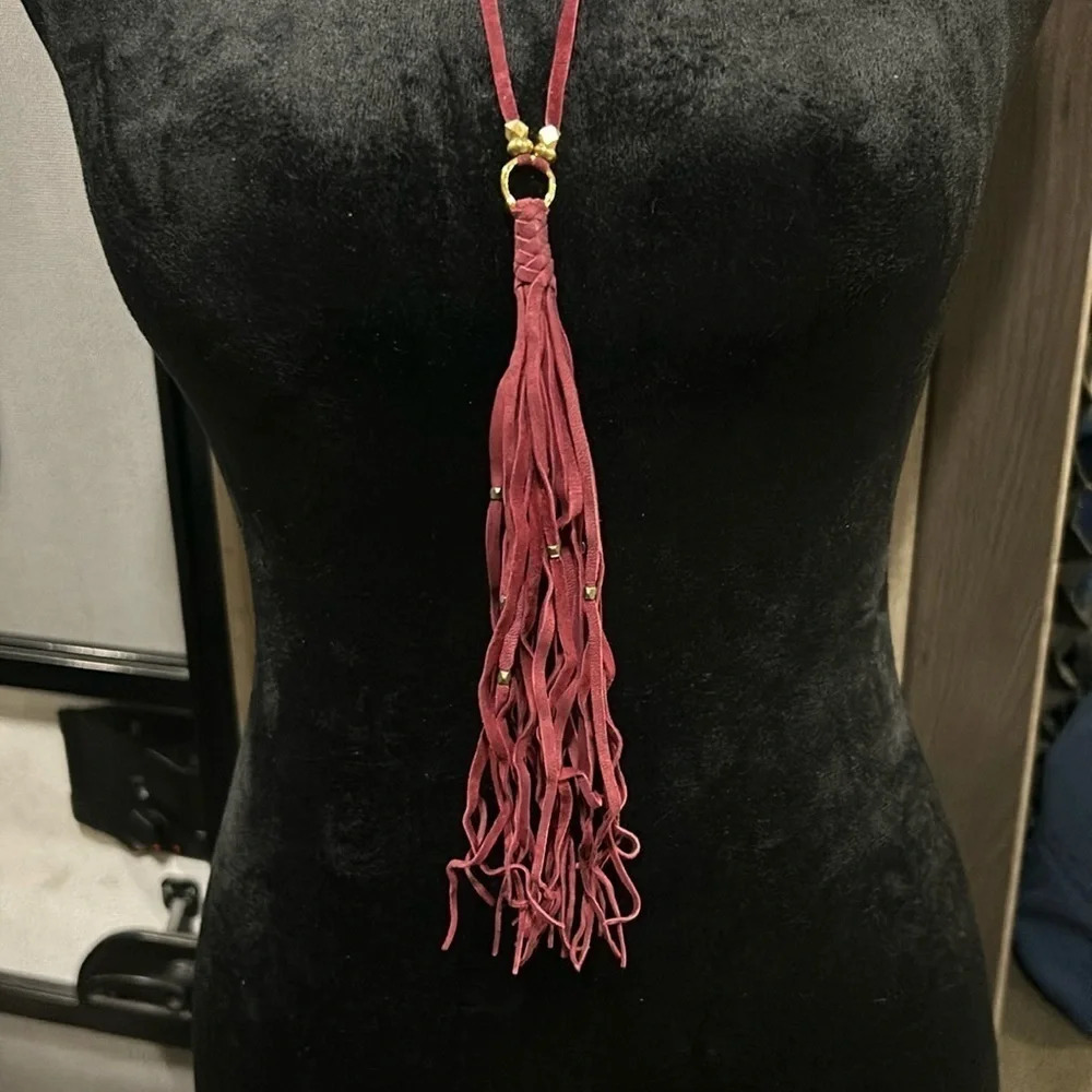 Handmade Faux Maroon Suede & Gold Bead Long Tassel Necklace NWT